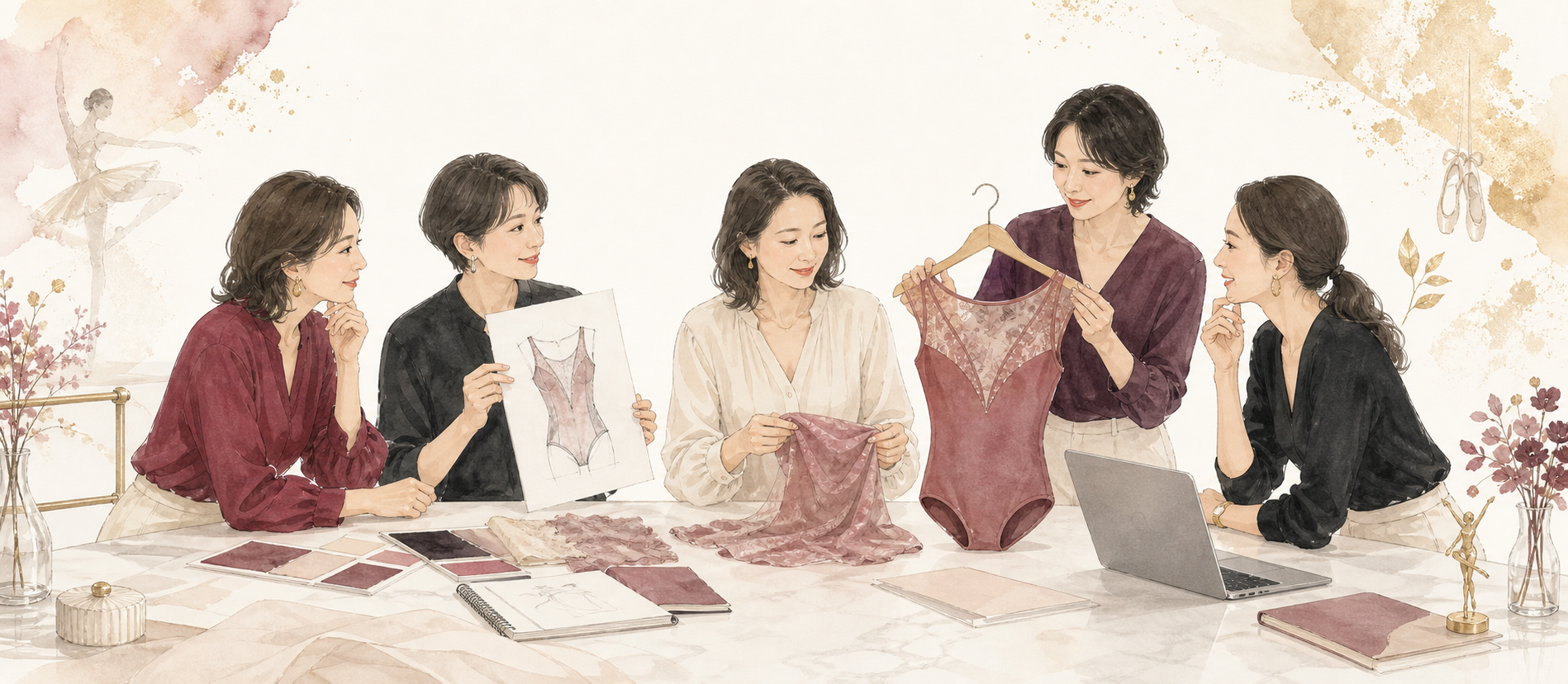 バレエブランドの商品企画を相談するお客様とデザイナーのイラスト